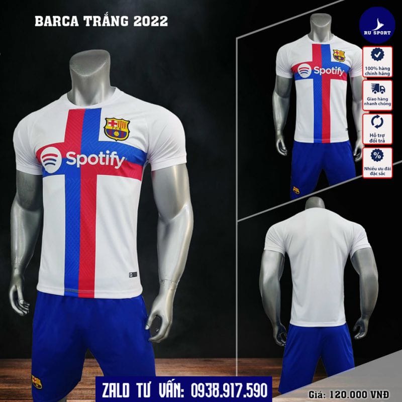 Áo Đá Banh CLB Barcelona 2022 Sân Khách Màu Trắng