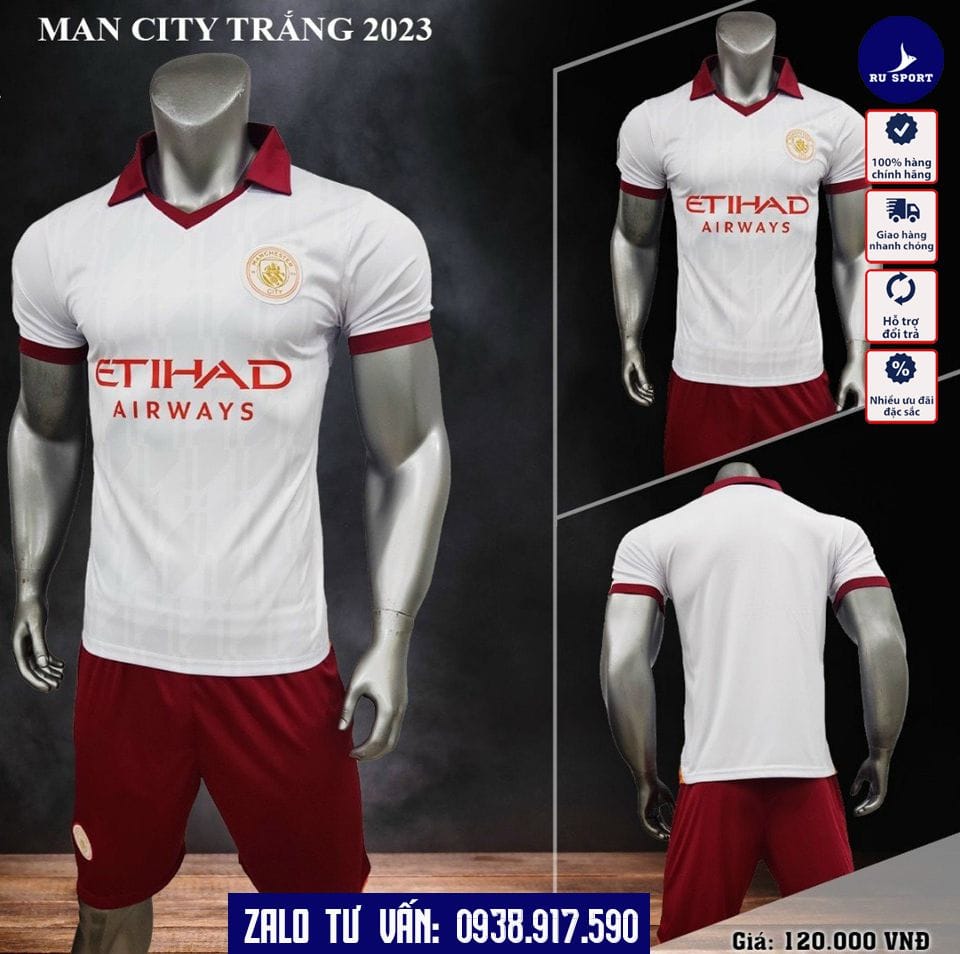 Áo Đá Banh CLB Man City Cổ Trụ Màu Trắng 2023