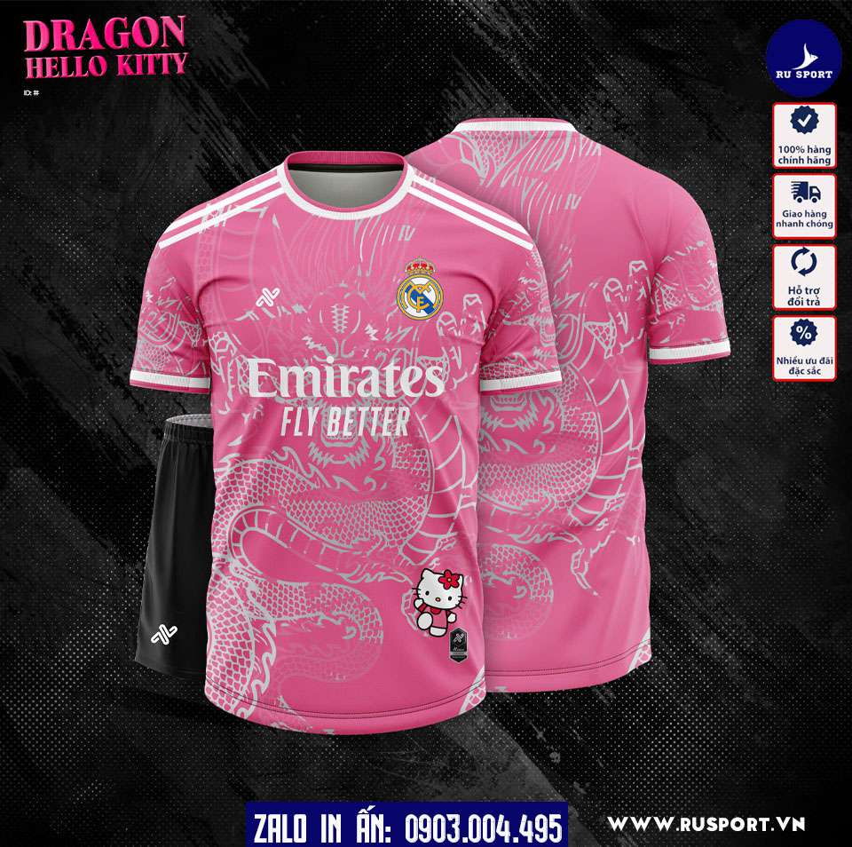 Áo đá banh bigsize real madrid hello kitty màu hồng