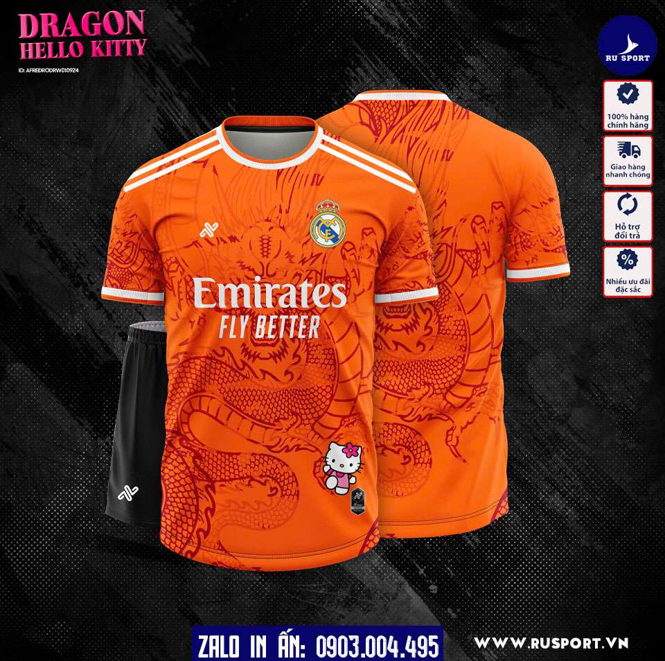 Áo bóng đá bigsize real madrid hello kitty màu cam