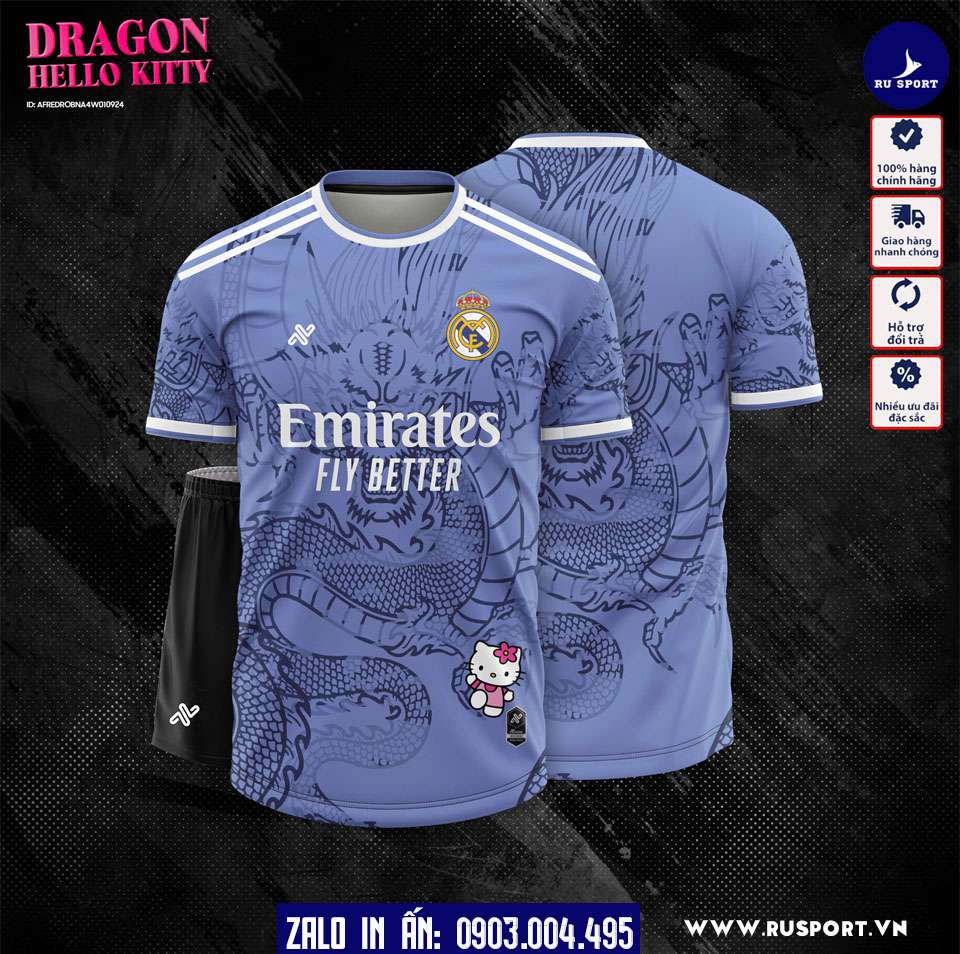 Áo đá banh bigsize real madrid hello kitty xanh biển