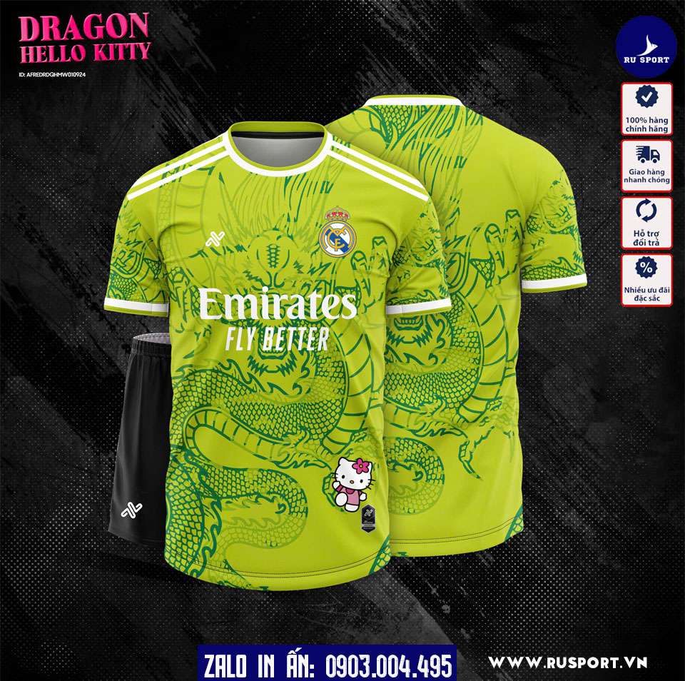Áo đá bóng bigsize real madrid hello kitty xanh dạ quang